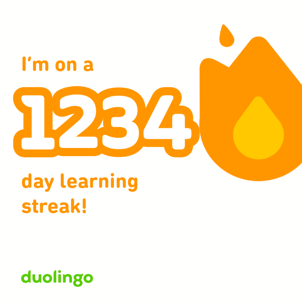 A social share image generated by Duolingo reading "I'm on a 1234 day learning streak!"